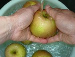 写真：リンゴを軽くこすって汚れを除く