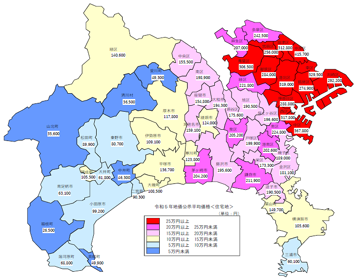 令和５年地価公示（神奈川県分）　市区町村別　平均価格地図（住宅地）