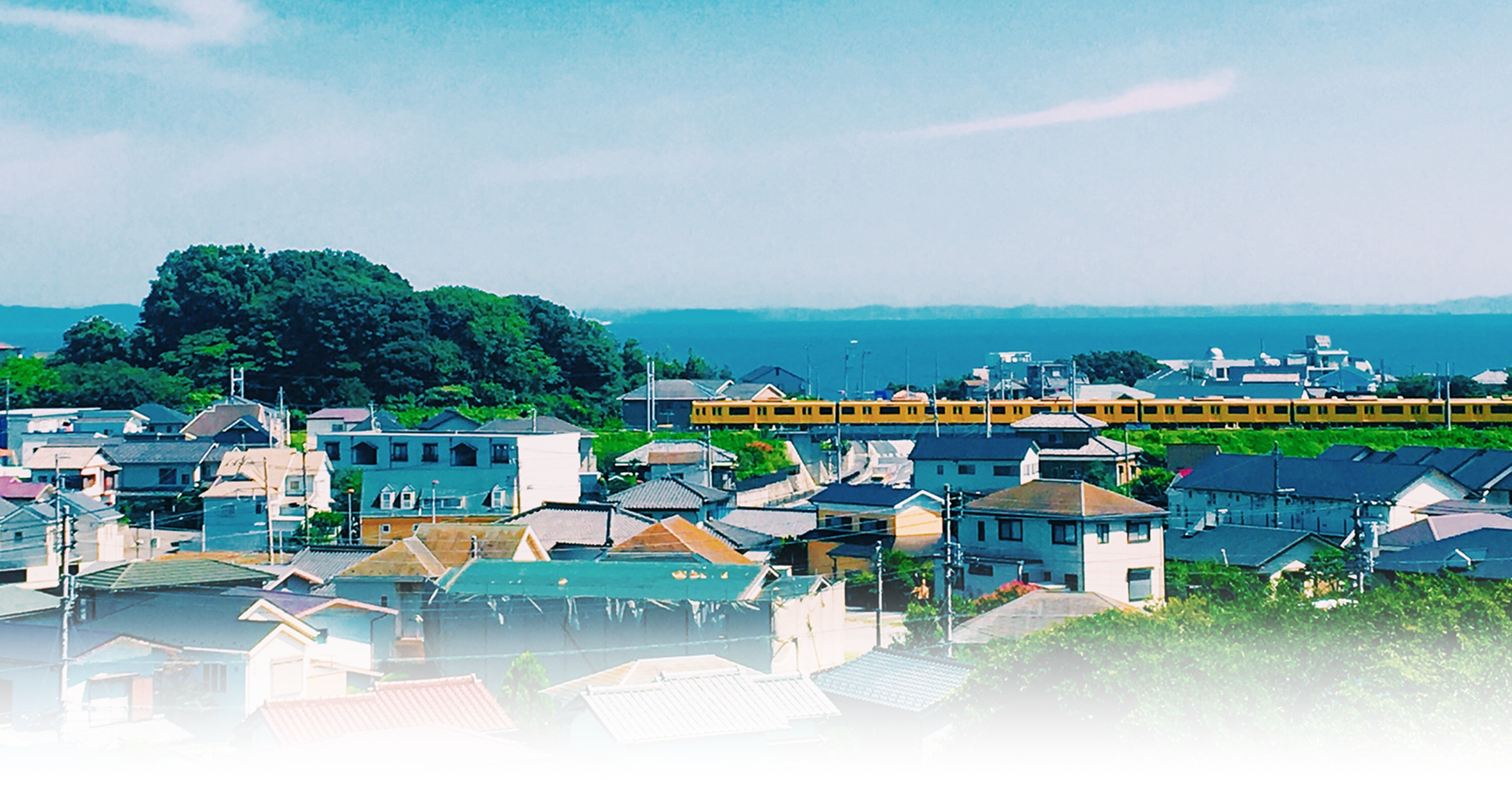 高台から望む三浦半島のまちなみと海、海沿いを走る電車