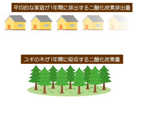 一般の家庭の年間排出CO2量とスギの木の年間吸収CO2量の本数、横浜スタジアムの容積への換算