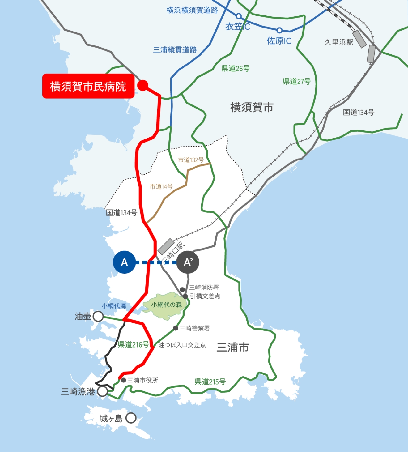 西海岸線整備後の横須賀市民病院までのルートを表記した地図