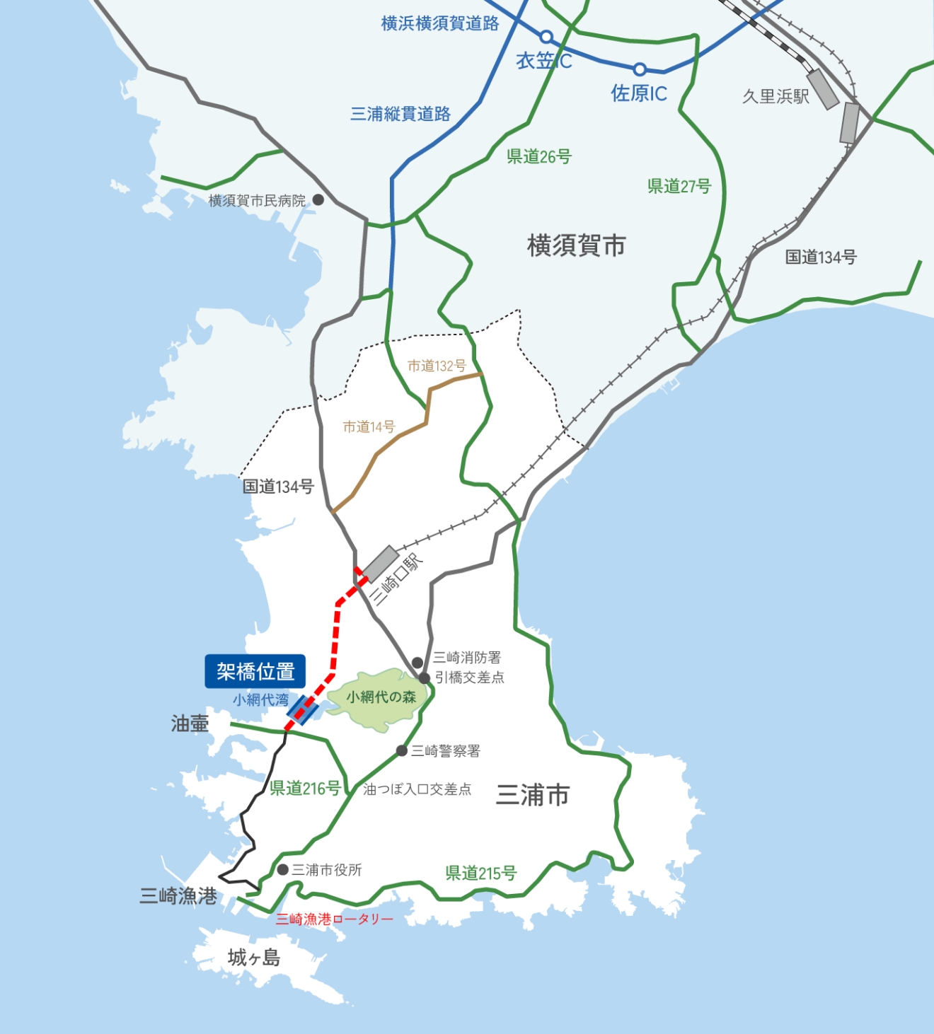 架橋位置を表記した地図