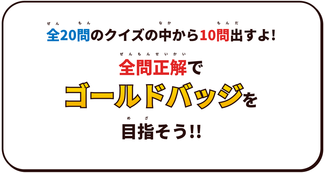 全20問のクイズの中から10問出すよ！全問正解でゴールドバッジを目指そう！！