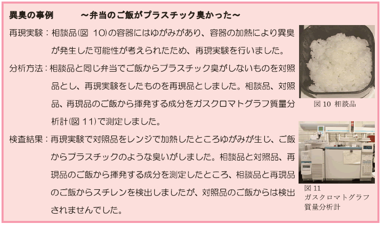 異臭の事例　弁当のご飯がプラスチック臭かった