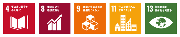 SDGsアイコン&emsp;4質の高い教育をみんなに&emsp;8働きがいも経済成長に&emsp;9産業と技術革新の基盤をつくろう&emsp;11住み続けられるまちづくりを&emsp;13気候変動に具体的な対策を