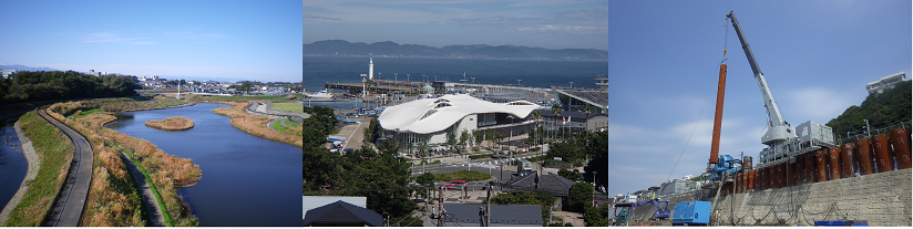 境川遊水地写真、湘南港ヨットハウス写真、国道134号擁壁改修工事写真