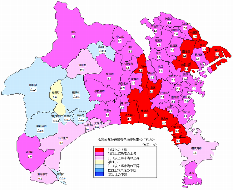 令和５年地価調査　平均変動率地図（住宅地）