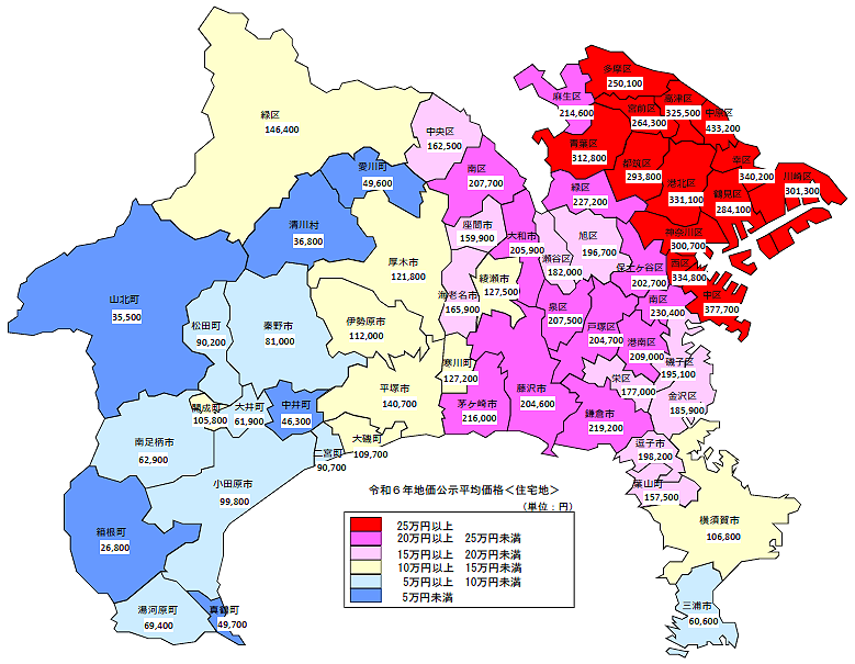 令和6年地価公示（神奈川県分）　市区町村別　平均価格地図（住宅地）