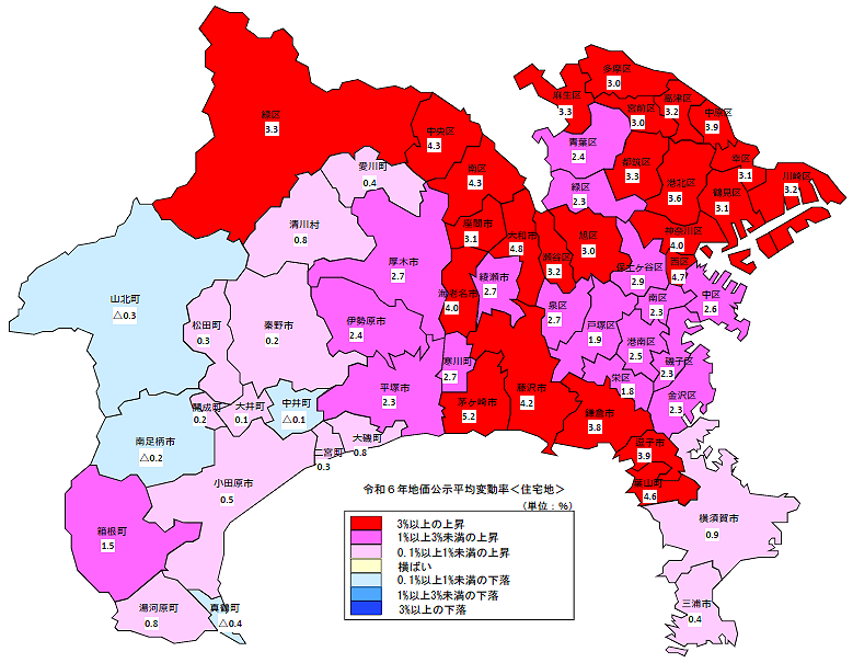 令和6年地価公示（神奈川県分）　市区町村別　平均変動率地図（住宅地）