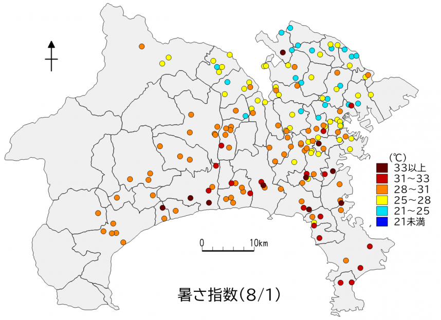 県内暑さ指数マップ（8月1日）