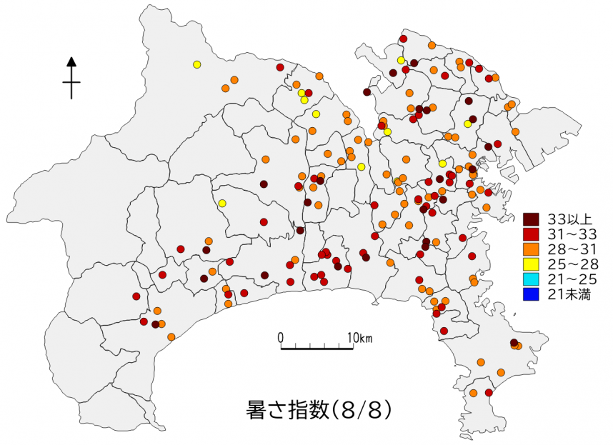 県内暑さ指数マップ（8月8日）