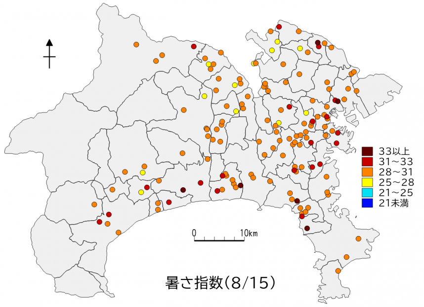 県内暑さ指数マップ（8月15日）