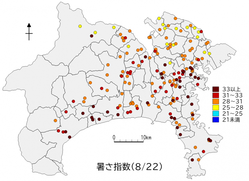県内暑さ指数マップ（8月22日）