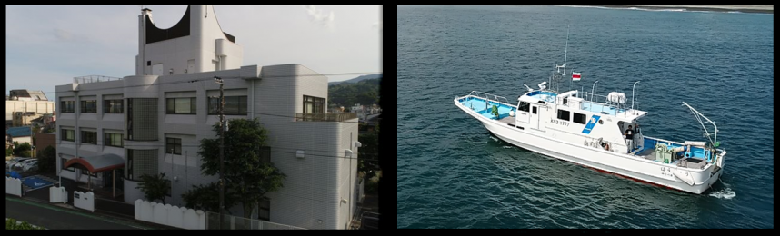 写真：相模湾試験場の建物と漁業調査指導船ほうじょう