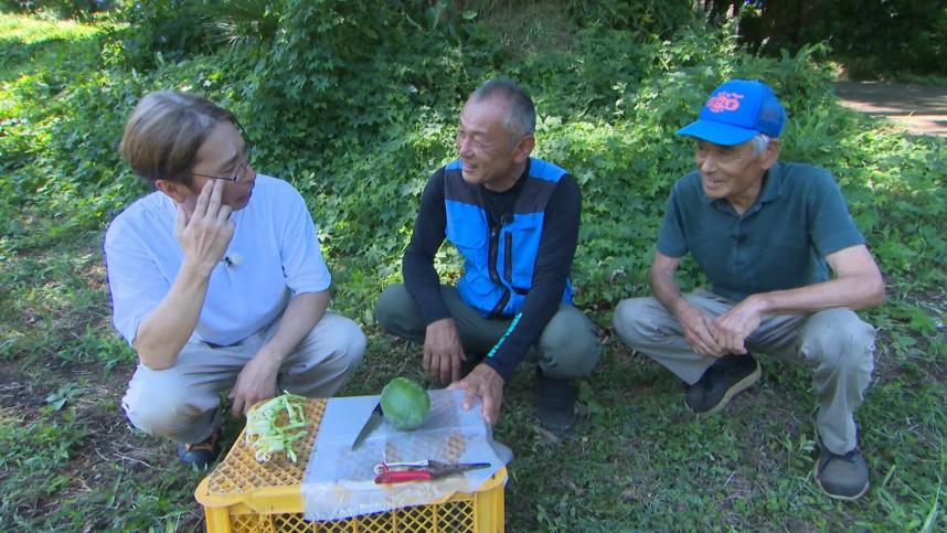 青パパイヤを目の前に、ウッズ一郎さんと青パパイヤ協会の足立会長と足立さん