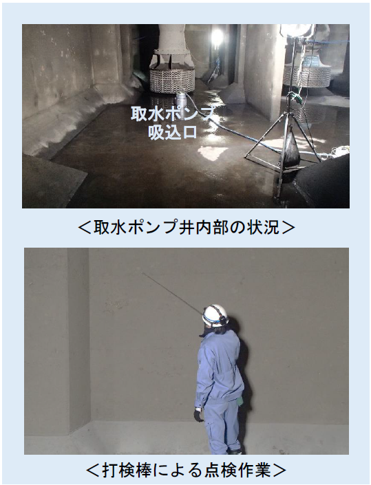 写真：取水ポンプ井内部、内部コンクリート壁面の打音検査の様子
