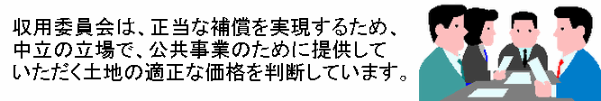 収用委員会は、正当な補償を実現するため、中立の立場で、公共事業のために提供していただく土地の適正な価格を判断しています。