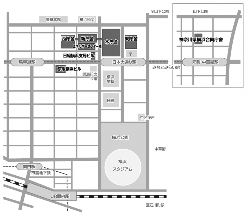 神奈川県庁各庁舎の案内図。庁舎は本庁舎、新庁舎、東庁舎、西庁舎。そのほか近隣の京阪横浜ビル、日経横浜支局ビル、横浜合同庁舎
