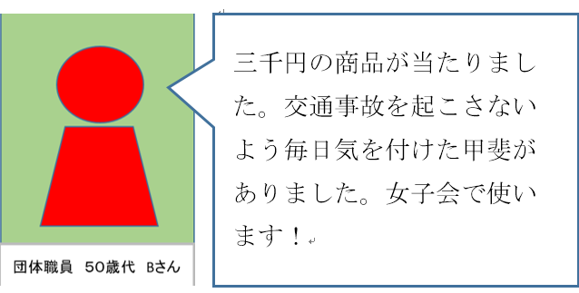 三千円の商品が当たりました。交通事故を起こさないよう毎日気を付けた甲斐がありました。女子会で使います。