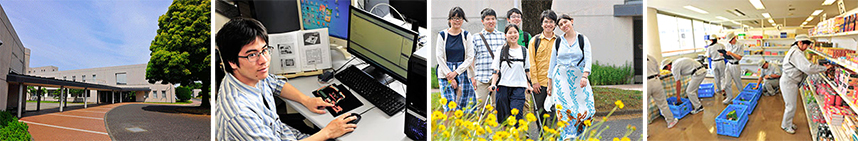 神奈川障害者職業能力開発校　写真：校舎、パソコン実習の風景、訓練生の登校風景、流通サービスの実習風景