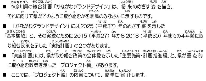 神奈川県の総合計画「かながわグランドデザイン」は、将来のめざす姿を描き、それに向けて県がどのように取り組むかを県民のみなさんに示すものです。「かながわグランドデザイン」には2025（平成37）年のめざす姿を示した「基本構想」と、その実現のために2015（平