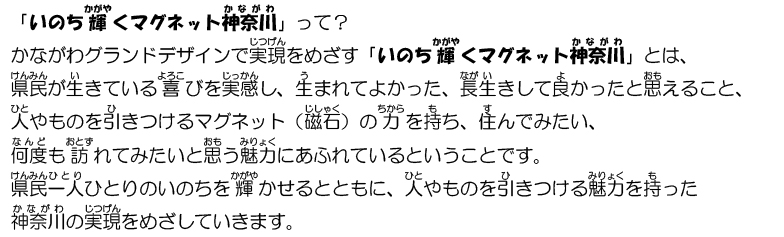 かながわグランドデザインで実現をめざす「いのち輝くマグネット神奈川」とは、県民が生きている喜びを実感し、生まれてよかった、長生きして良かったと思えること、人やものを引きつけるマグネット（磁石）の力を持ち、住んでみたい、何度も訪れてみたいと思う魅力にあふれて