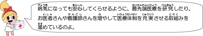 病気になっても安心してくらせるように、最先端医療を研究したり、お医者さんや看護師さんを増やして医療体制を充実させる取組みを進めているのよ。