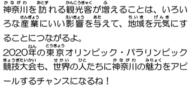 神奈川を訪れる観光客が増えることは、いろいろな産業にいい影響を与えて、地域を元気にすることにつながるよ。2020年の東京オリンピック・パラリンピック競技大会も、世界の人たちに神奈川の魅力をアピールするチャンスになるね！