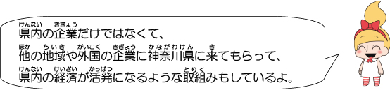 県内の企業だけではなくて、他の地域や外国の企業に神奈川県に来てもらって、県内の経済が活発になるような取組みもしているよ