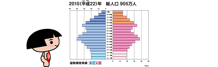神奈川県の人口ピラミッド　2010（平成22）年　総人口905万人（国勢調査実績）