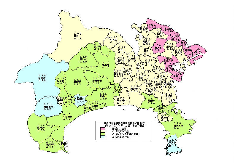 平成24年地価調査　市区町村別　平均変動率地図（住宅地）