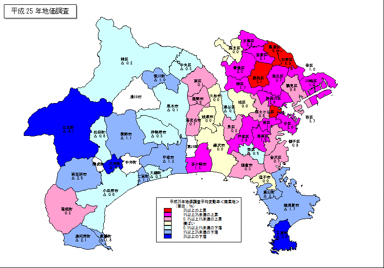 平成25年地価調査　市区町村別　平均変動率地図（商業地）