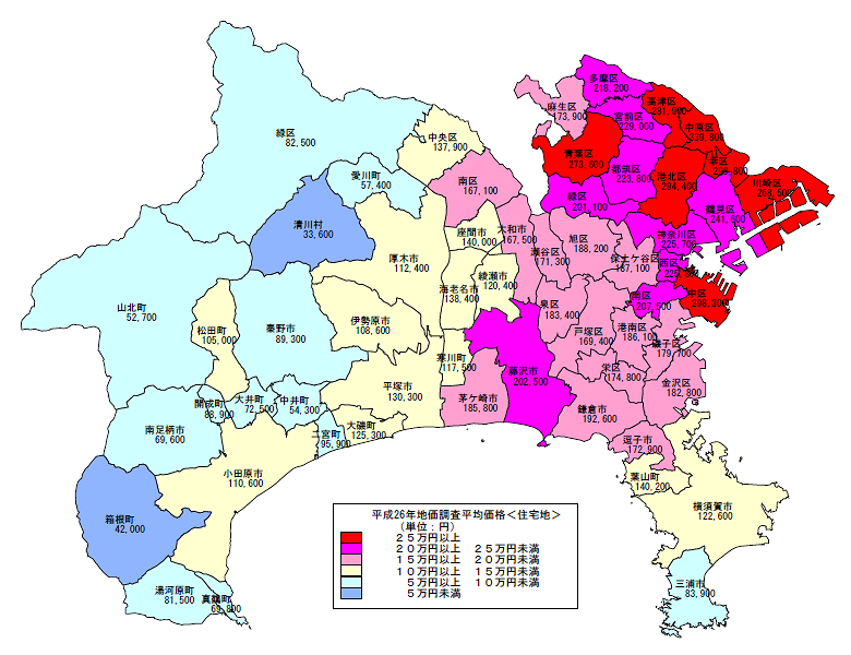 平成26年地価調査 市区町村別 平均価格地図（住宅地）