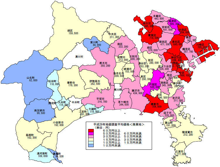 平成29年地価調査　市区町村別　平均価格地図（商業地）