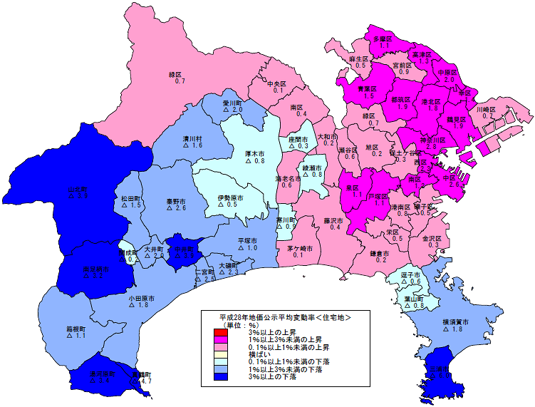 平成28年地価公示（神奈川県分）　平均変動率地図（住宅地）