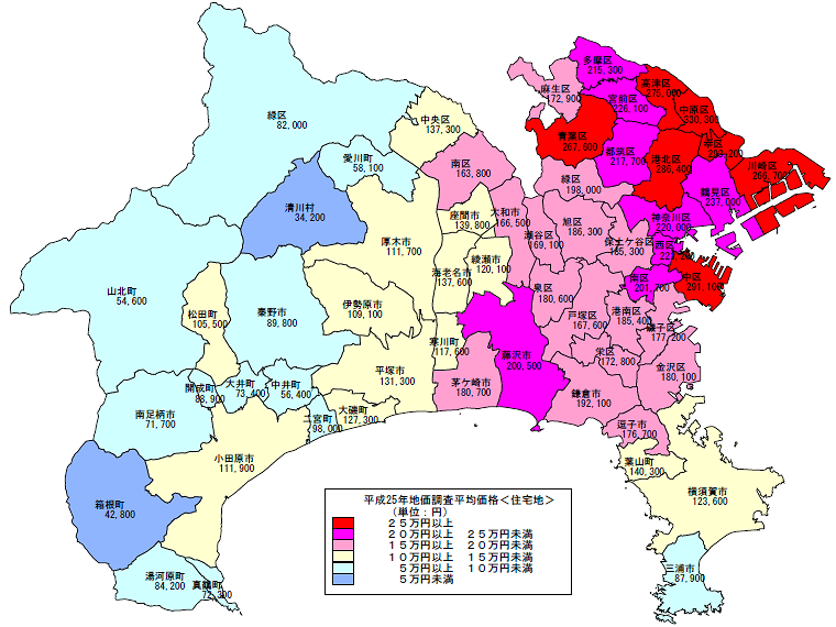 平成25年地価調査　市区町村別　平均価格地図（住宅地）