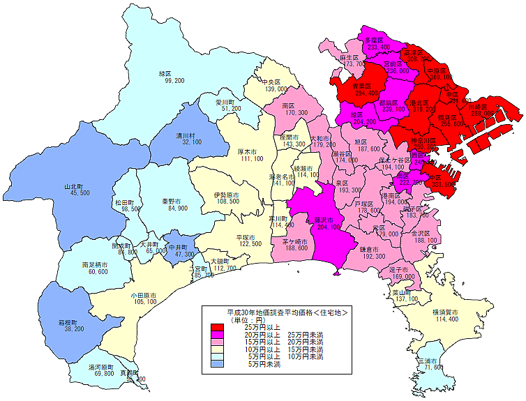 平成30年地価調査　市区町村別　平均価格地図（住宅地）