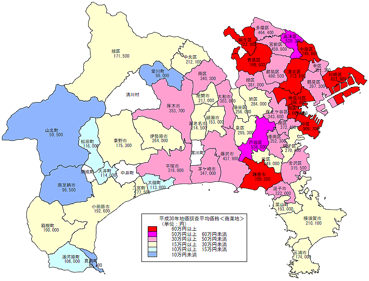 平成30年地価調査　市区町村別　平均価格地図（商業地）