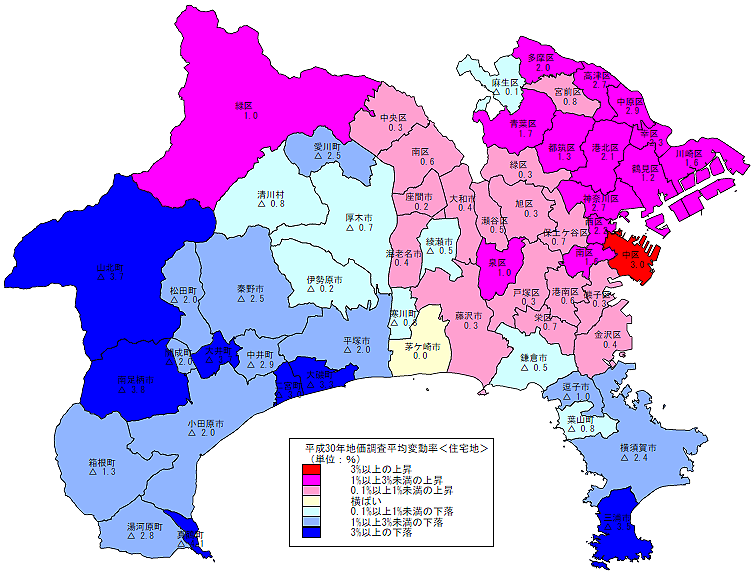 平成30年地価調査　市区町村別　平均変動率地図（住宅地）