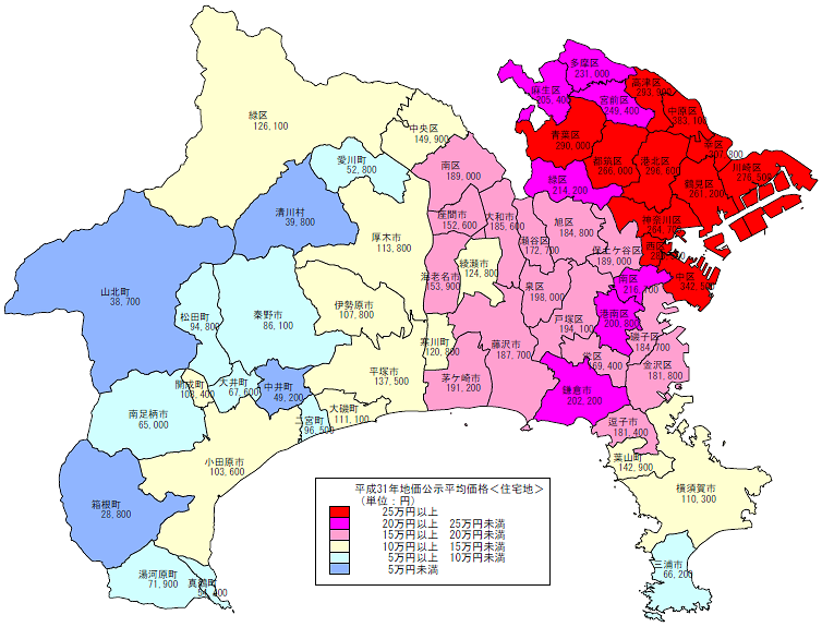 平成31年地価公示 神奈川県分 市区町村別 平均価格地図 住宅地 神奈川県ホームページ