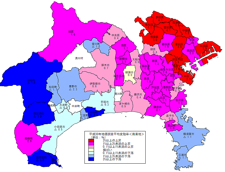 平成30年地価調査　市区町村別　平均変動率地図（商業地）