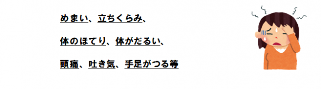 症状　めまい、立ちくらみ、体のほてり、体がだるい、頭痛、吐き気、手足がつる等