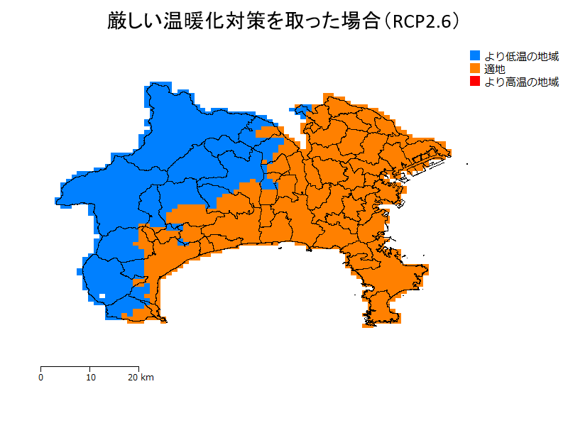 ウンシュウミカンの栽培適地の予測（厳しい温暖化対策を取った場合）