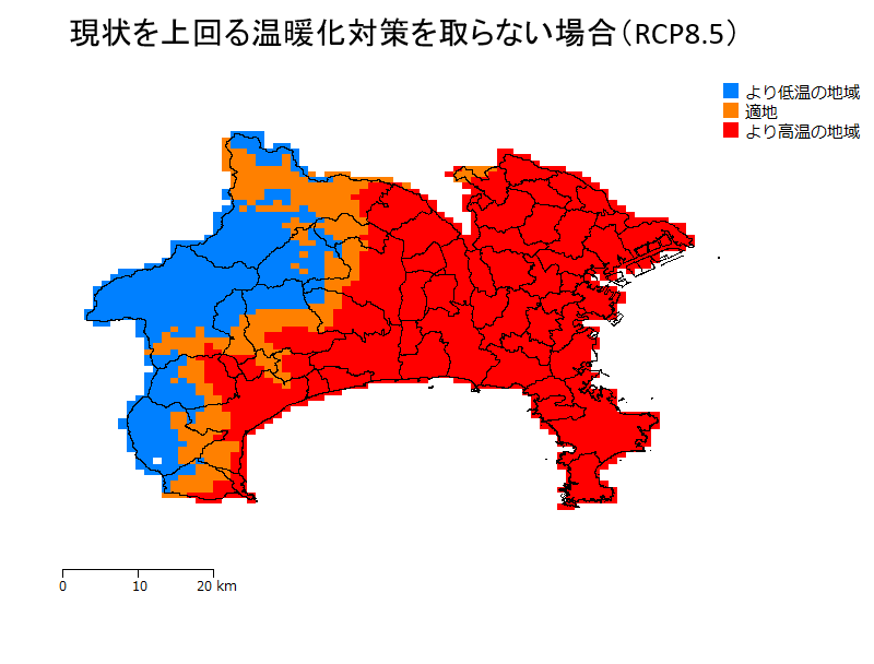 ウンシュウミカンの栽培適地の予測（現状を上回る温暖化対策を取らない場合）