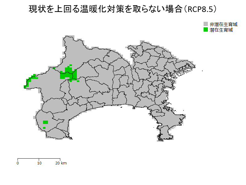 ブナの潜在生育域の予測（現状を上回る温暖化対策を取らない場合）