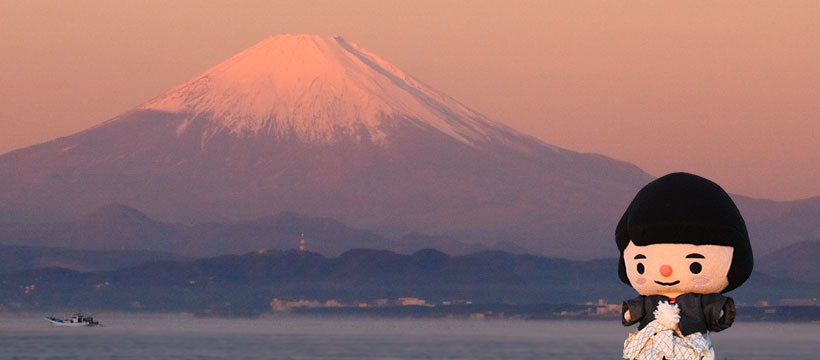 鵠沼海岸から見た富士山。朝日に赤く染まった様子
