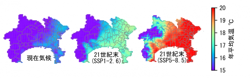 気候予測モデルによる現在気候と21世紀末の年平均気温の分布