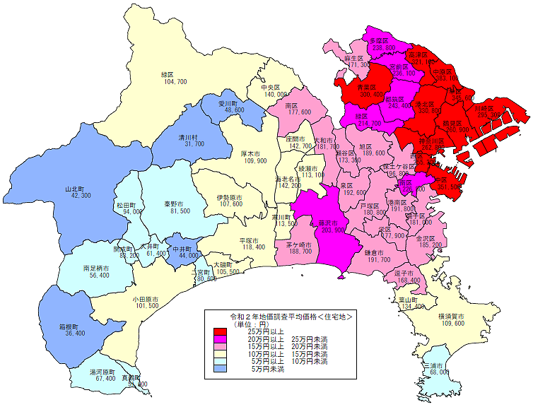 令和２年地価調査　市区町村別　平均価格地図（住宅地）