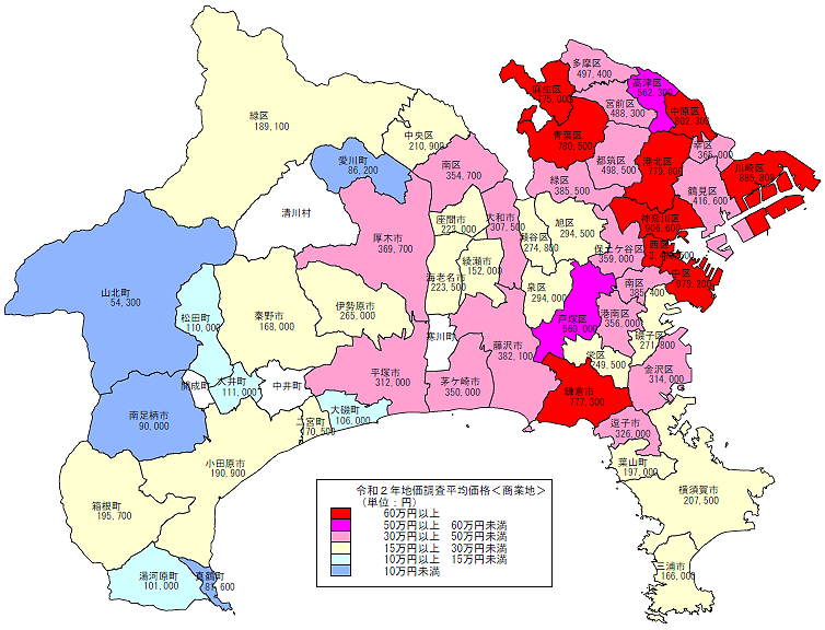 令和２年地価調査　市区町村別　平均価格地図（商業地） 