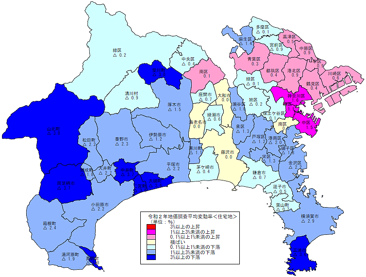 令和２年地価調査　市区町村別　平均変動率地図（住宅地） 